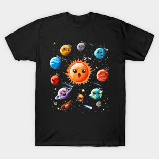 Solar system with sun, planets, comets and earth T-Shirt